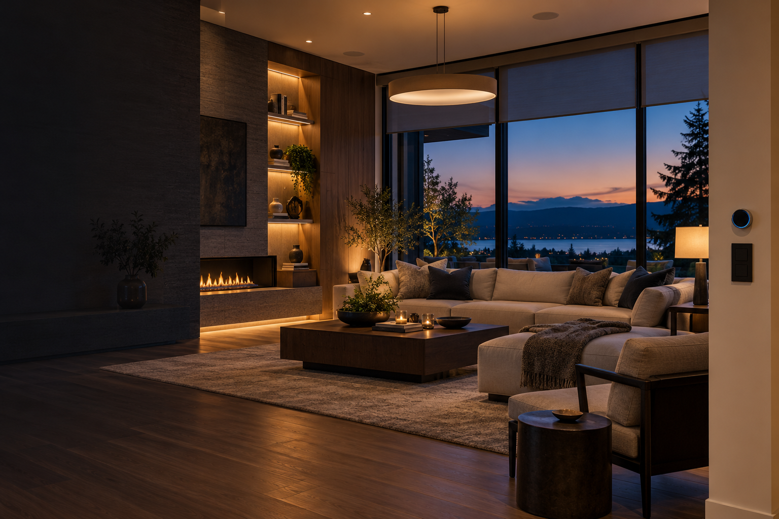 Modern living room with connected lighting and motorized shades